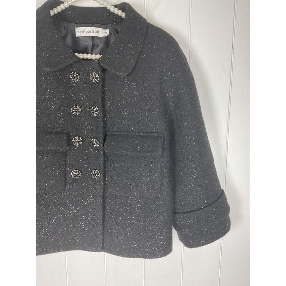 Self Portrait Black Glitter Tweed‎ Cropped Jacket Embellished Buttons - Picture 5 of 11
